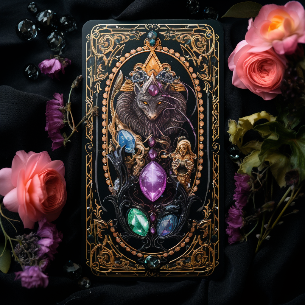 Fantasy Tarot with Black Dragon and Flowers