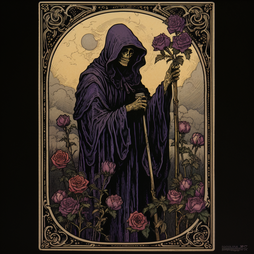 Grim Reaper holding purple rose