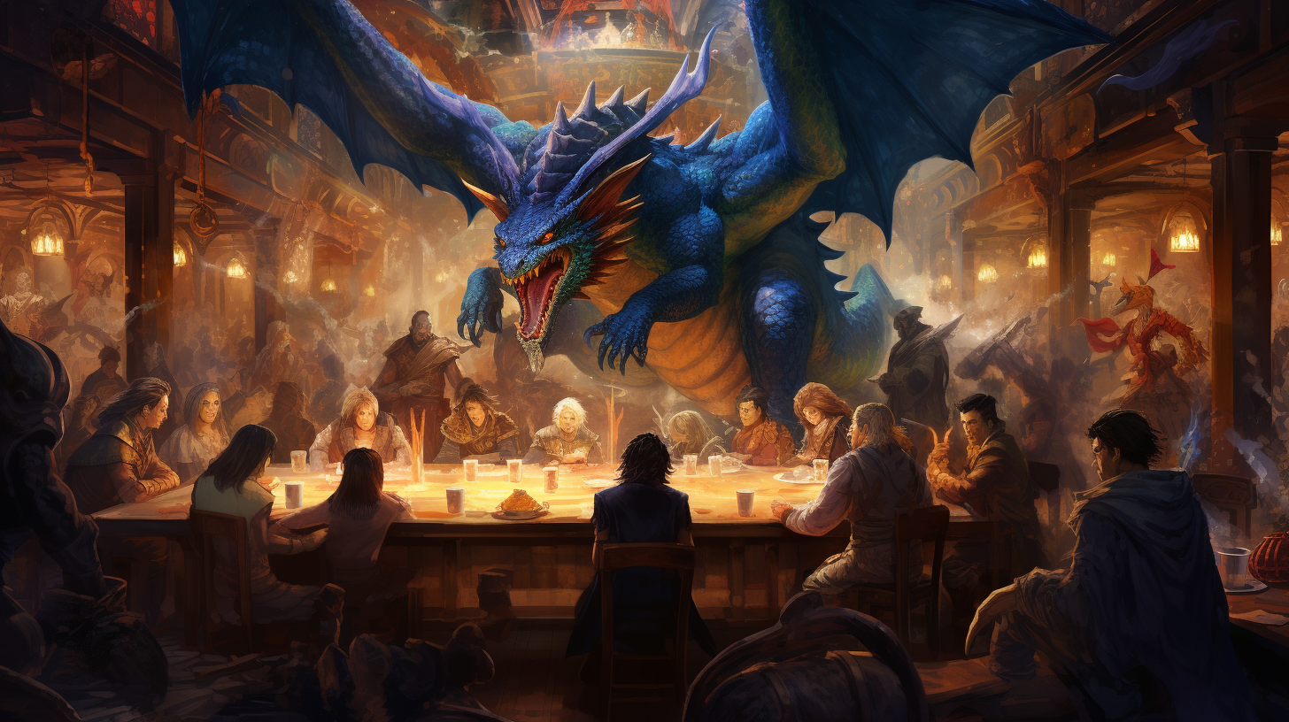 Illustration of Fantasy Tavern with Dragon Statue