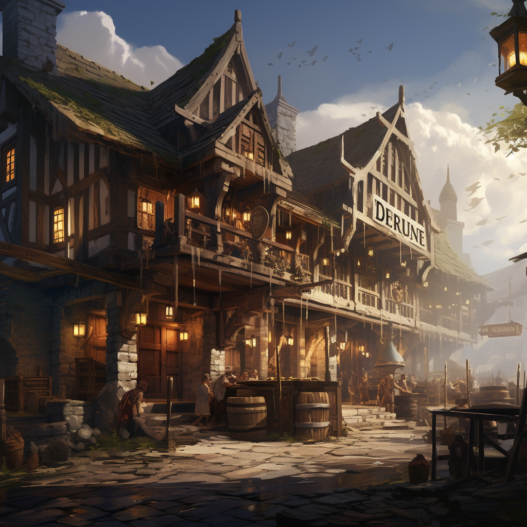 Exterior of fantasy tavern in bustling port town