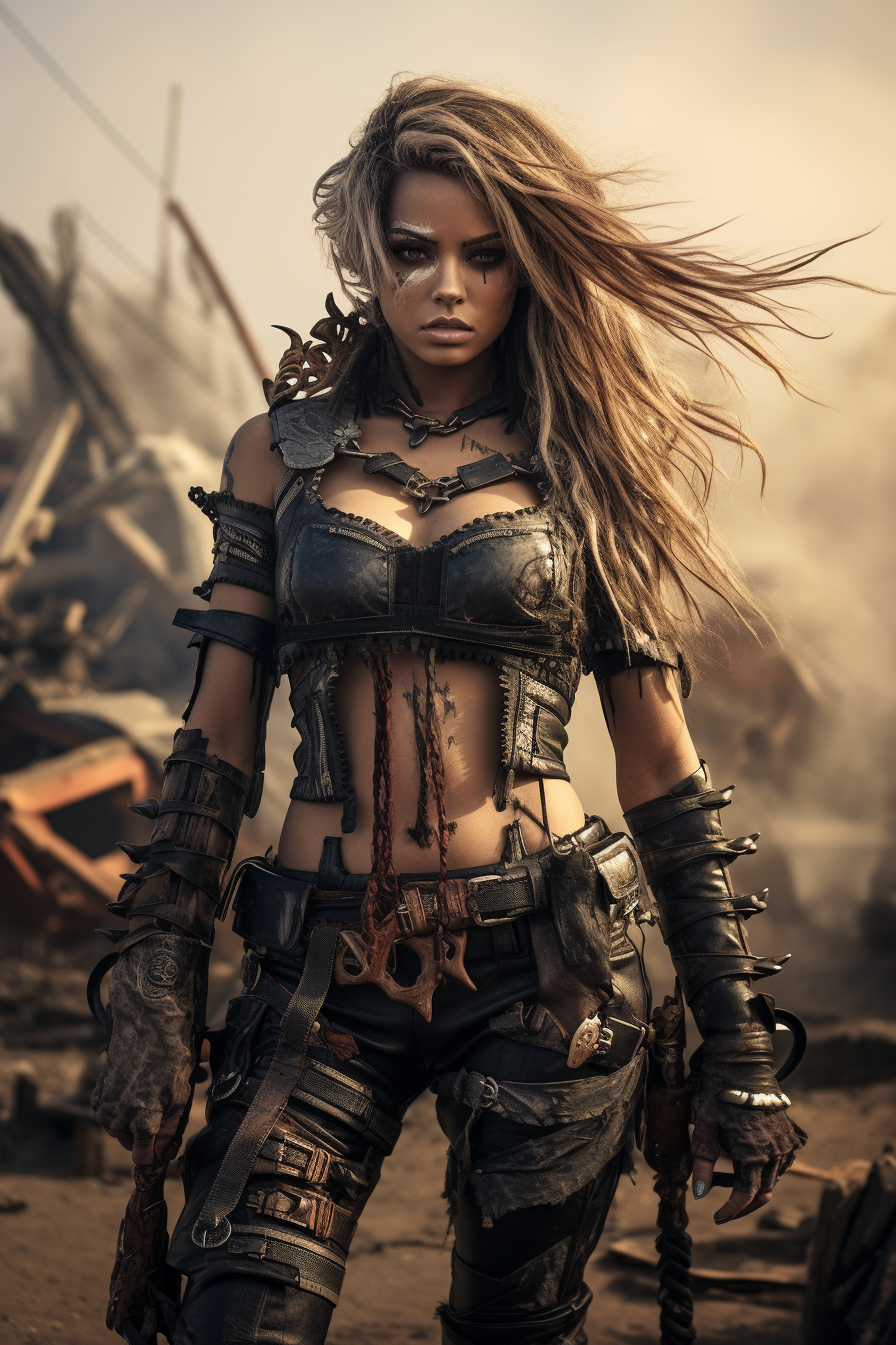 Realistic fantasy warrior woman in post-apocalyptic environment