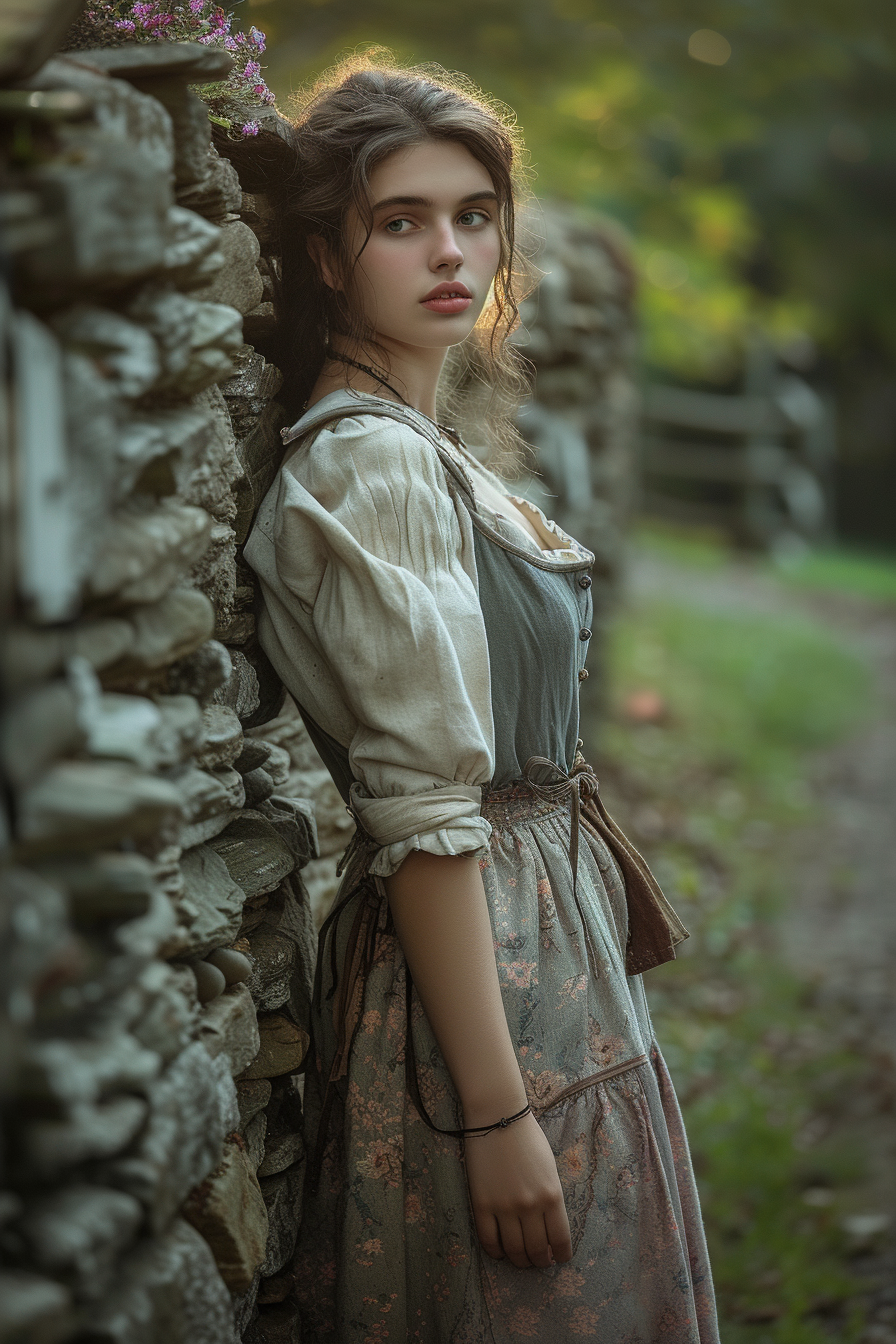 Fantasy-style woman leaning on stone fence