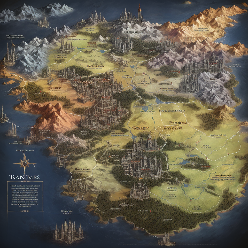 Political map of fantasy world with towns and cities