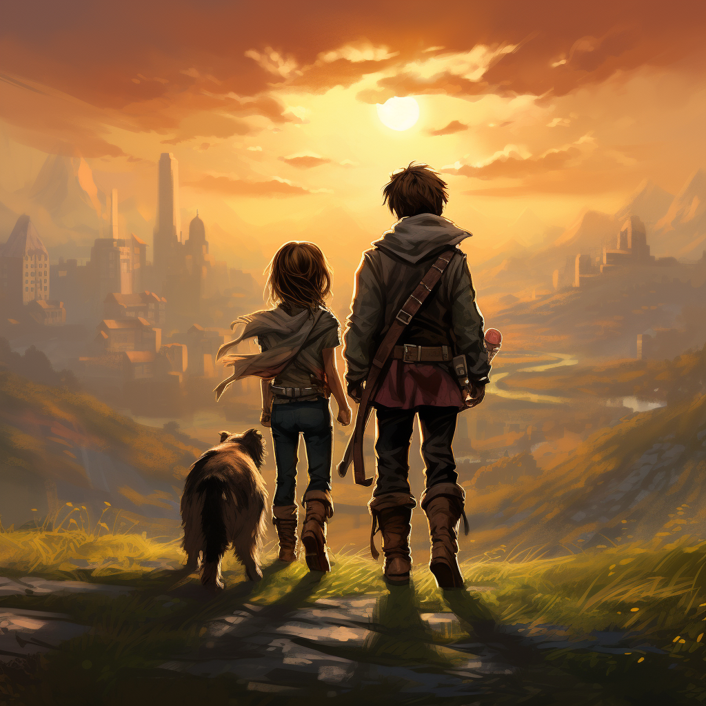 Two characters and dog walking into a fantasy world