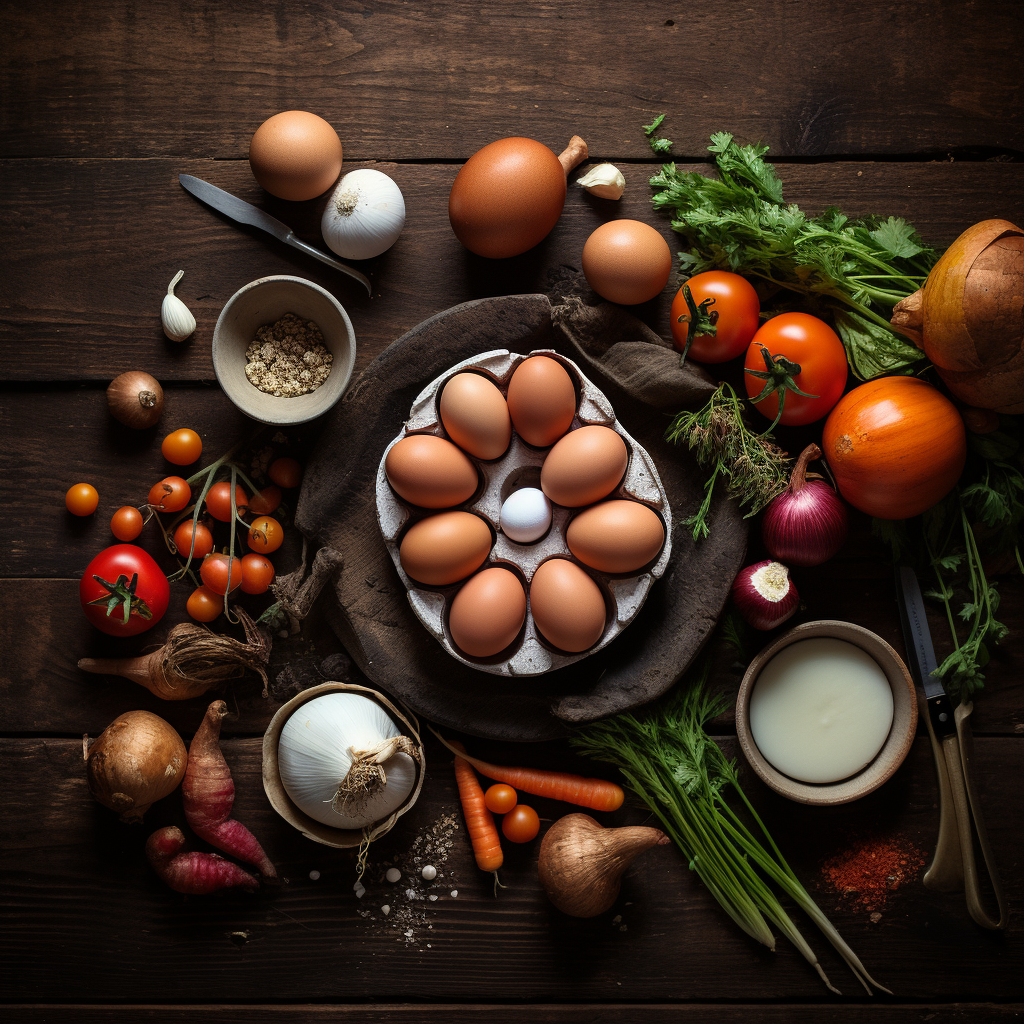 Delicious farm fresh eggs and autumn vegetables