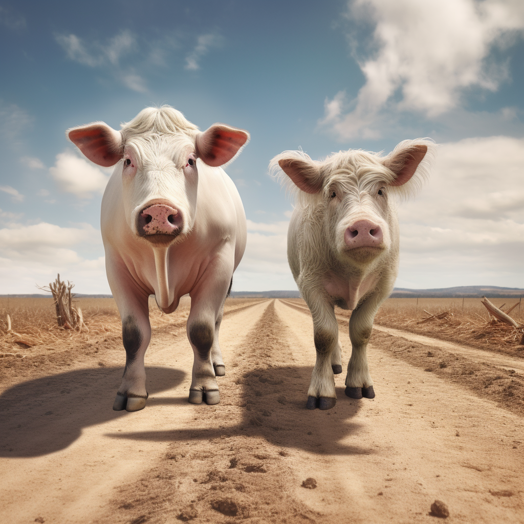 Farm animals walking in line