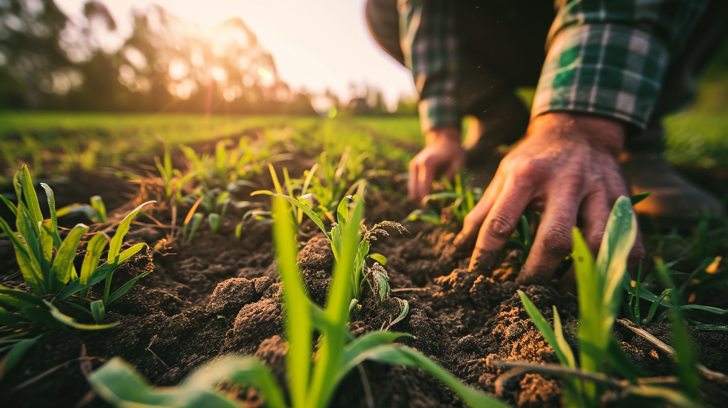 Farmer checking soil in green field