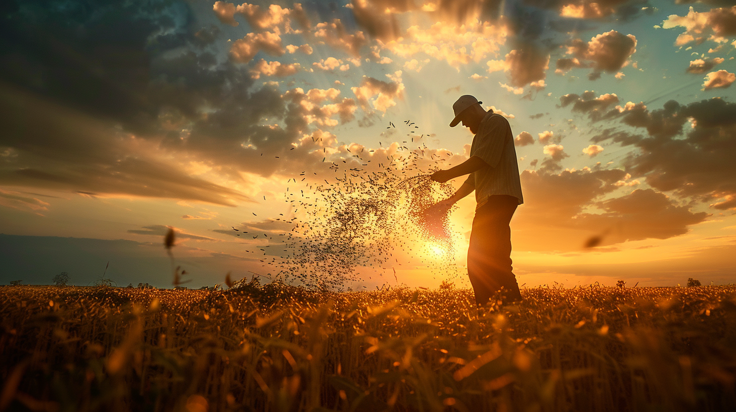 Farmer scattering seed at golden hour