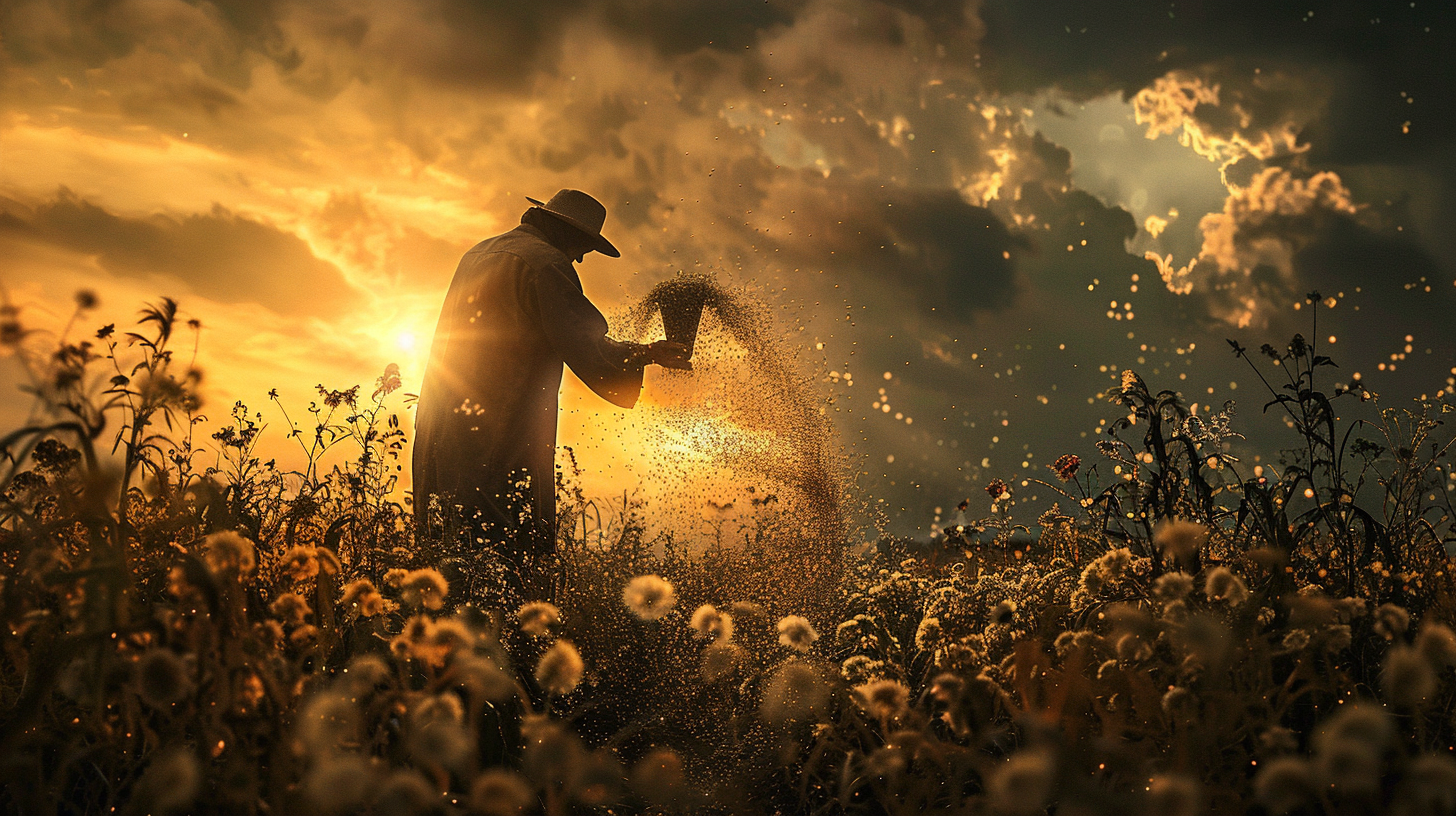 Farmer sowing seeds at sunset