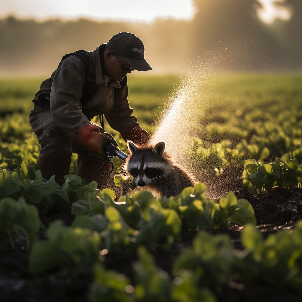 Farmer spraying pesticides at baby raccoon