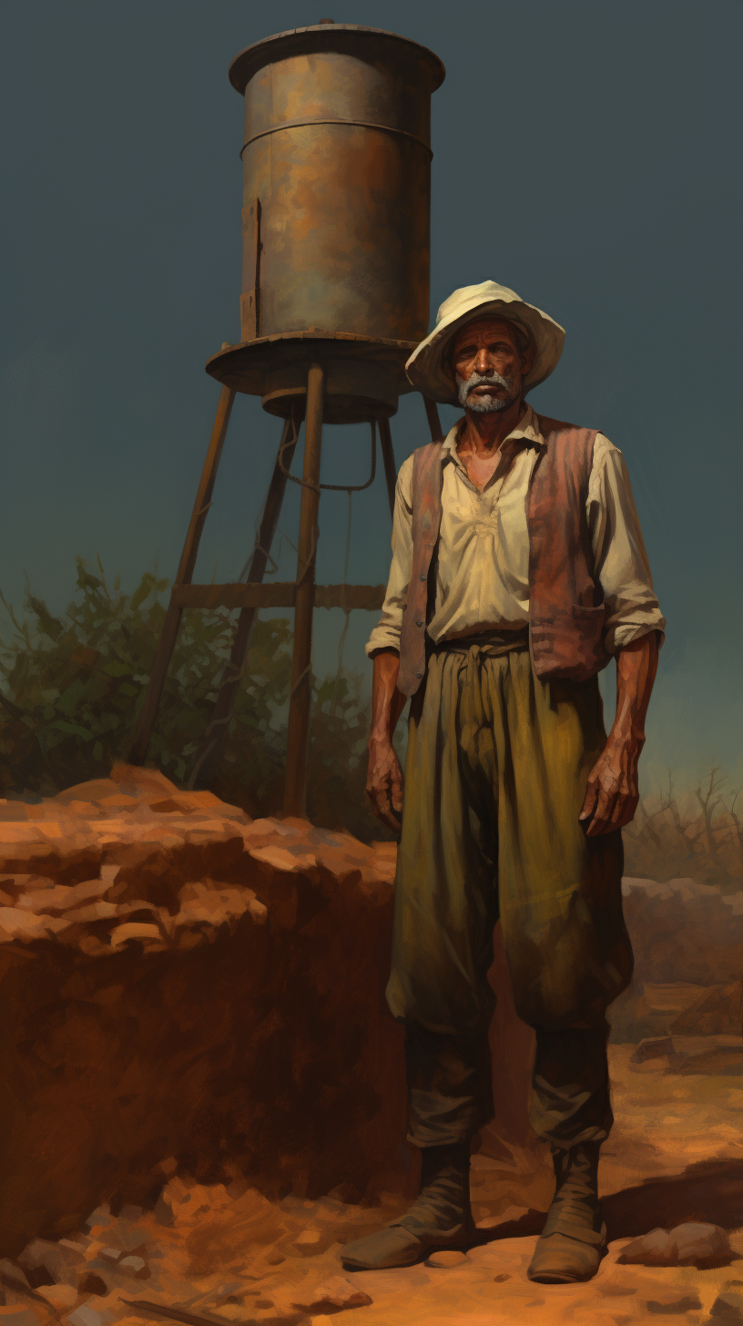 Farmer next to a well