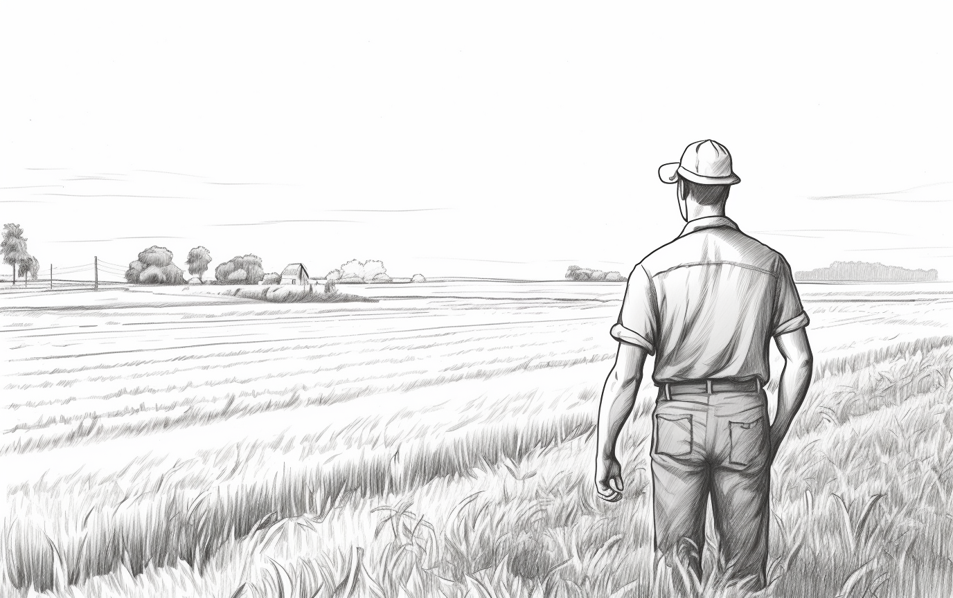 Pencil drawing of farmer in field using phone