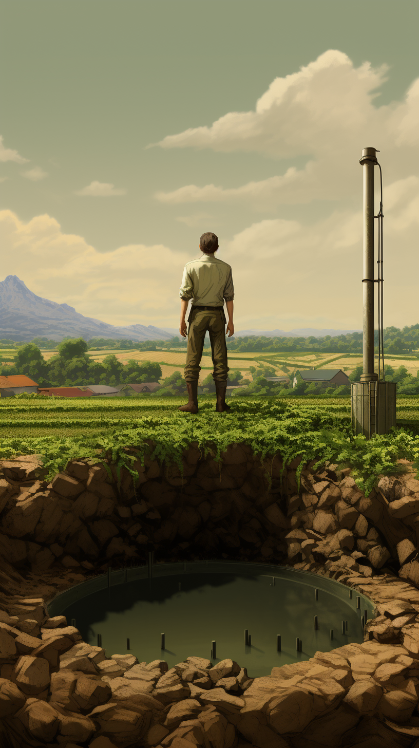 Farmer pondering next to a deep well