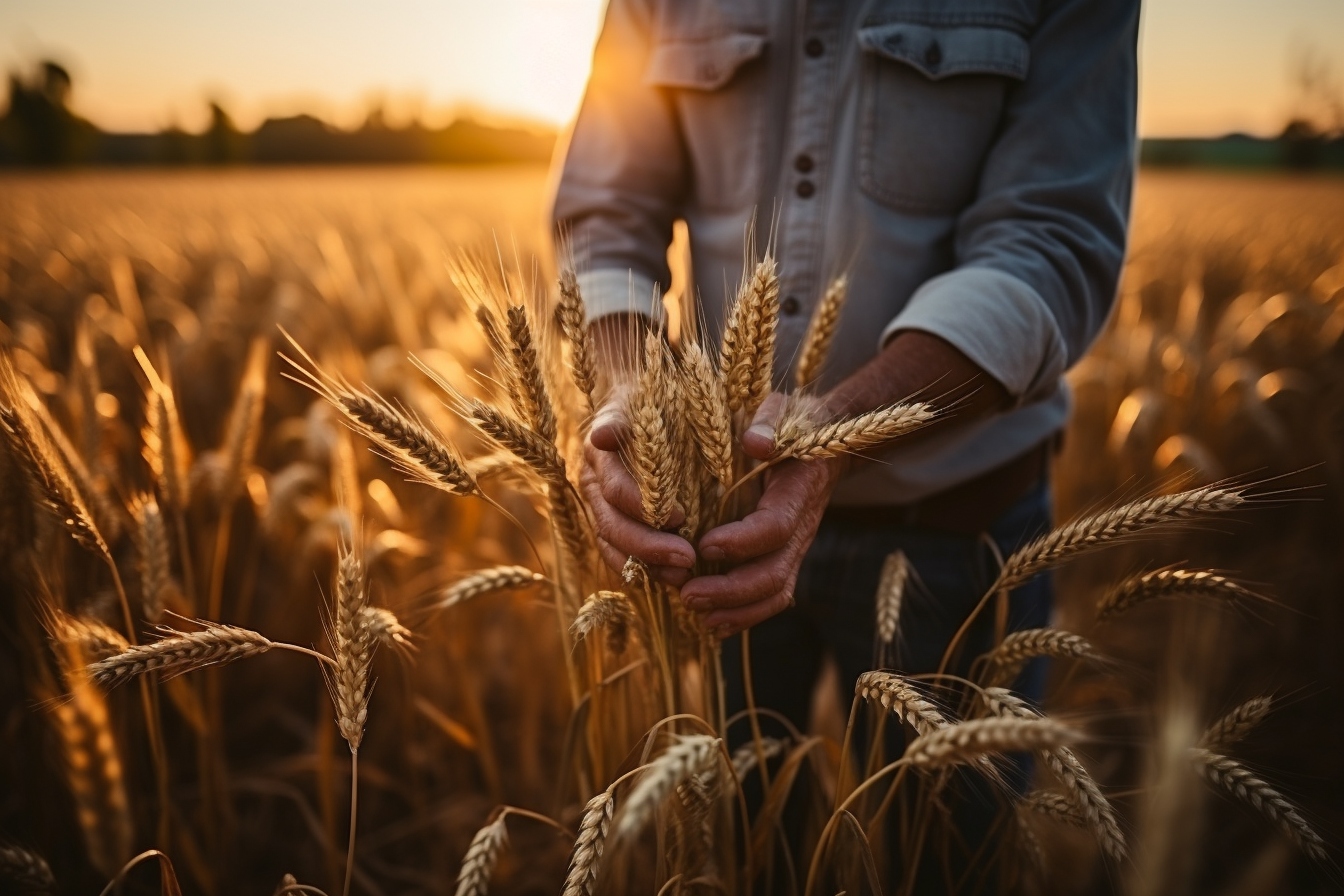 Two farmers shaking hands in wheat field at sunset