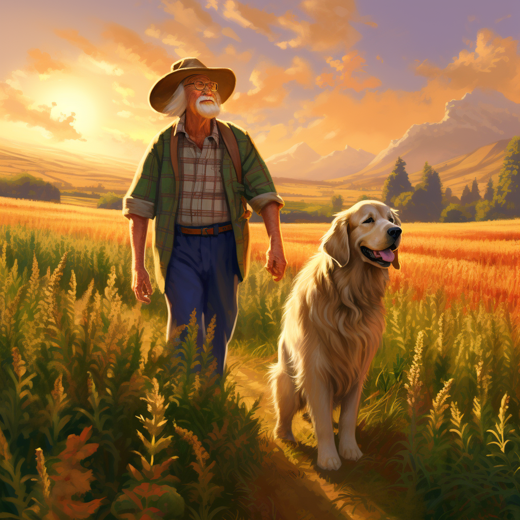 Old farmer walking with loyal golden retriever in cannabis field