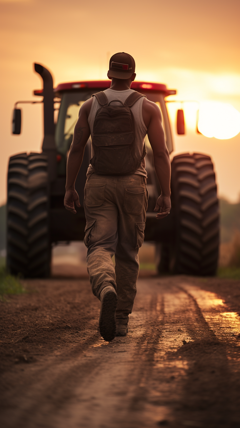 Farmer walking to tractor at sunset