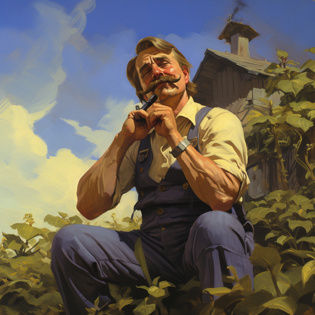 Stout farmer smoking vape with pocket knife