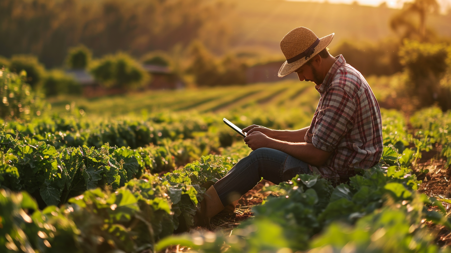 Farmer using tablet in green field