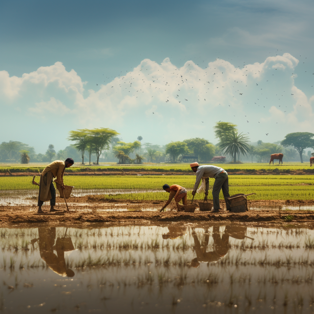 Farmers sowing paddy seeds on field