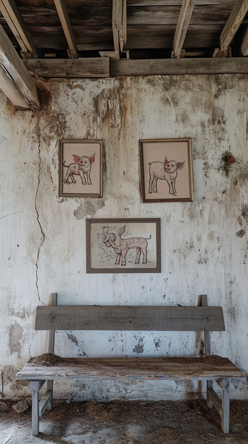 Pink pig drawings in farmhouse barn