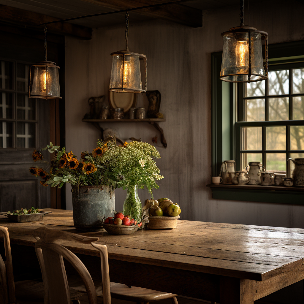 Farmhouse interior with lighting and wall decor