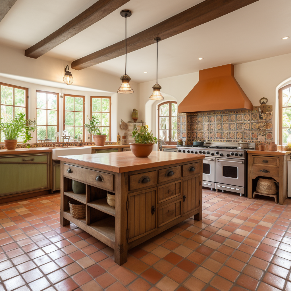 Farmhouse kitchen with terracotta ceramic tiles and island sink