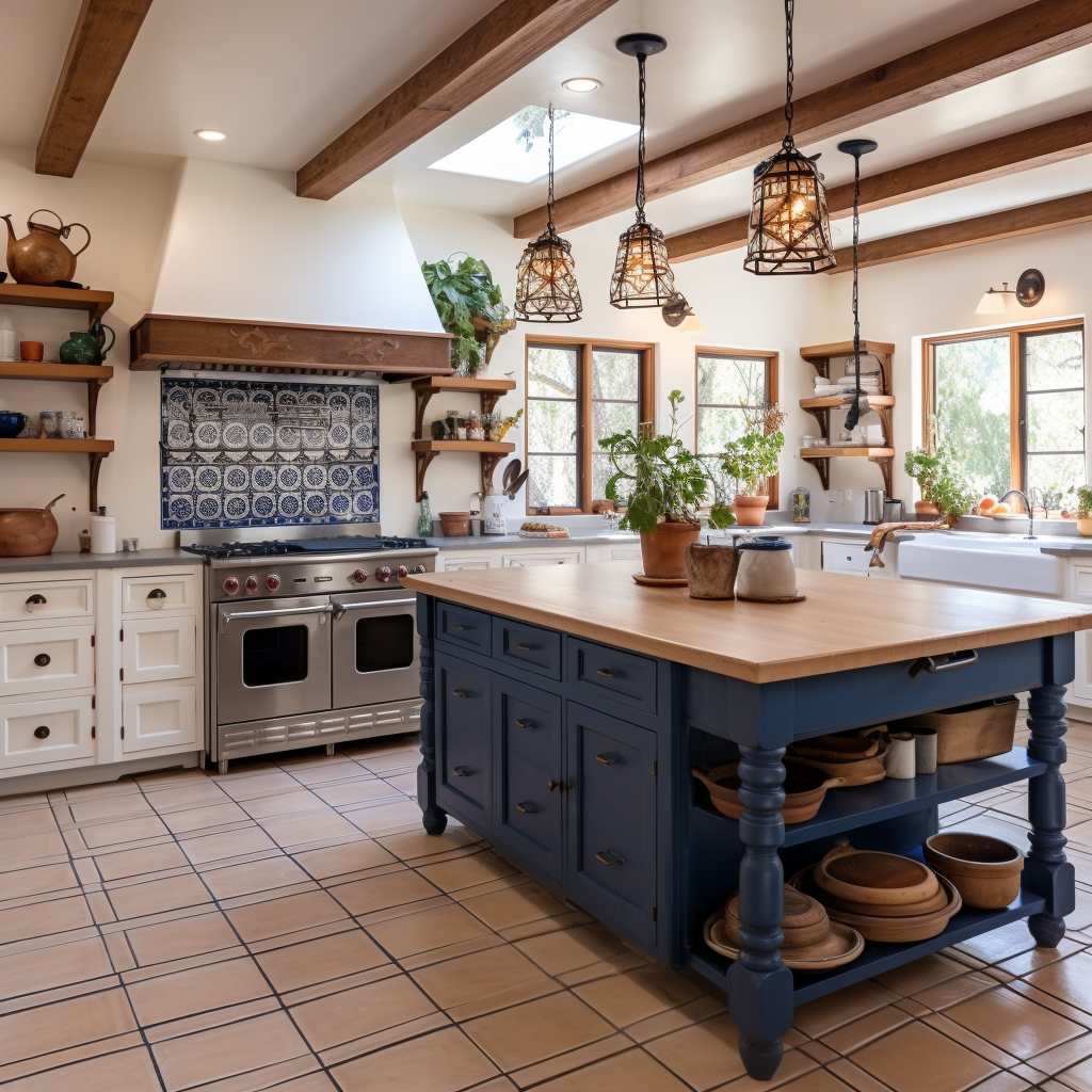 Beautiful farmhouse kitchen with terracotta ceramic tiles