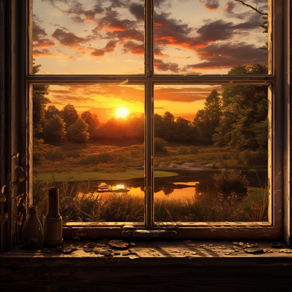 Old farmhouse window with forest view and sunset reflection