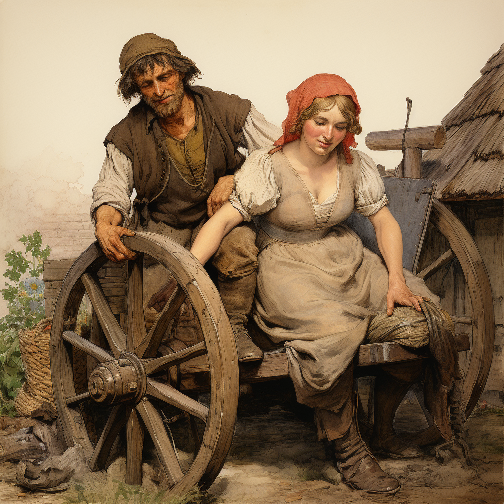 Dirty and Disheveled Farming Couple with Futuristic Wheelbarrow