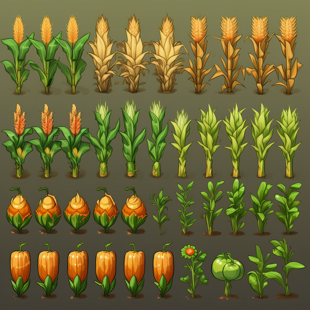 Various crops on farming game sprite sheet