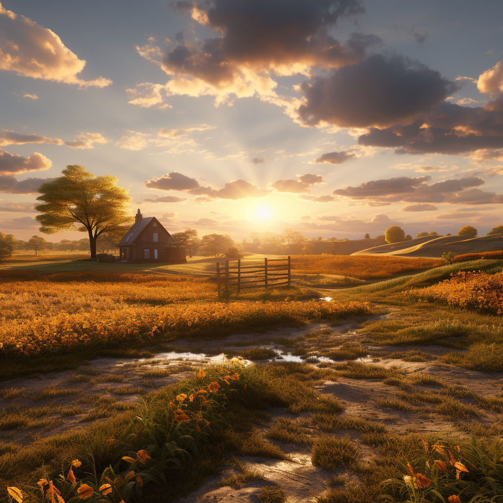 Picturesque farmland in autumn sunset