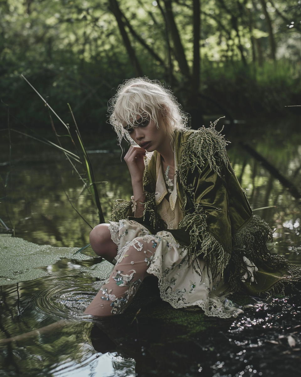 Blonde girl in water with intricate outfit