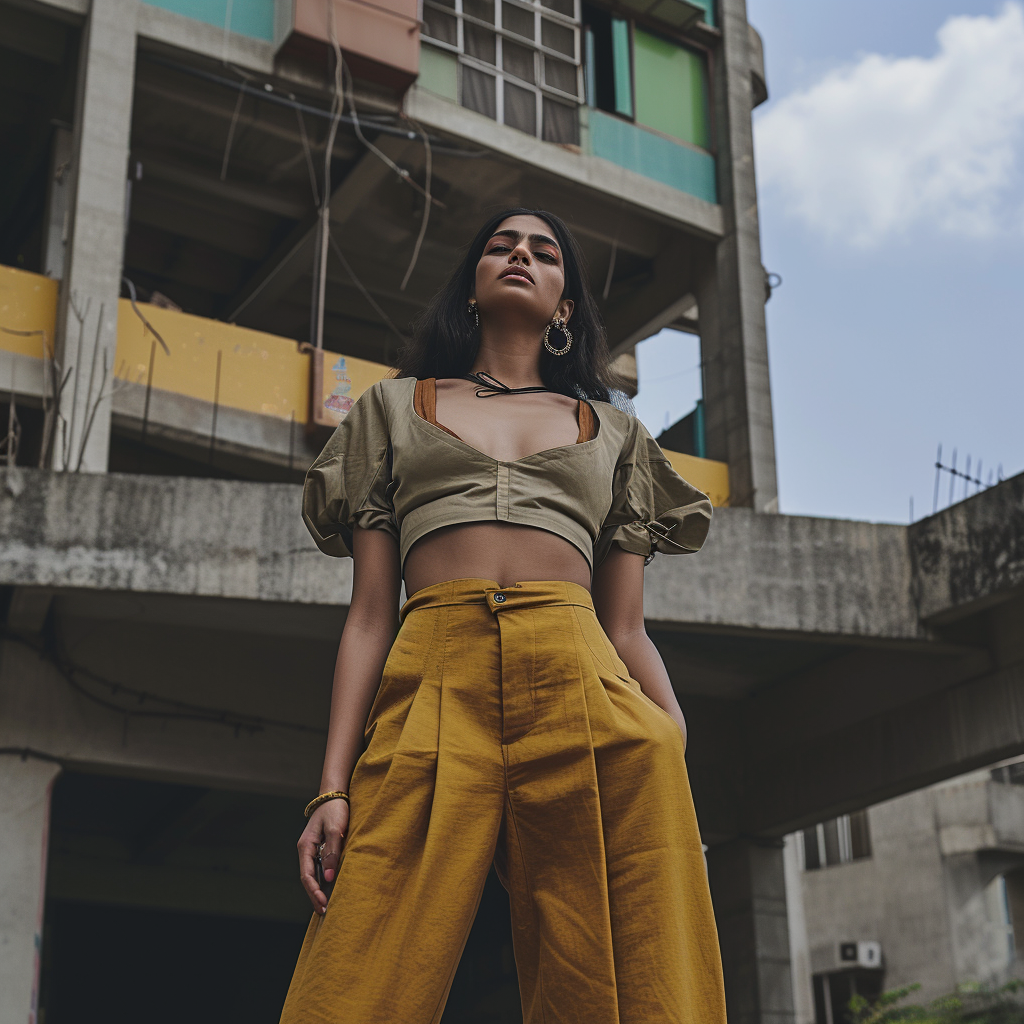 Fashion-forward Indian woman in urban street style with high-waisted trousers