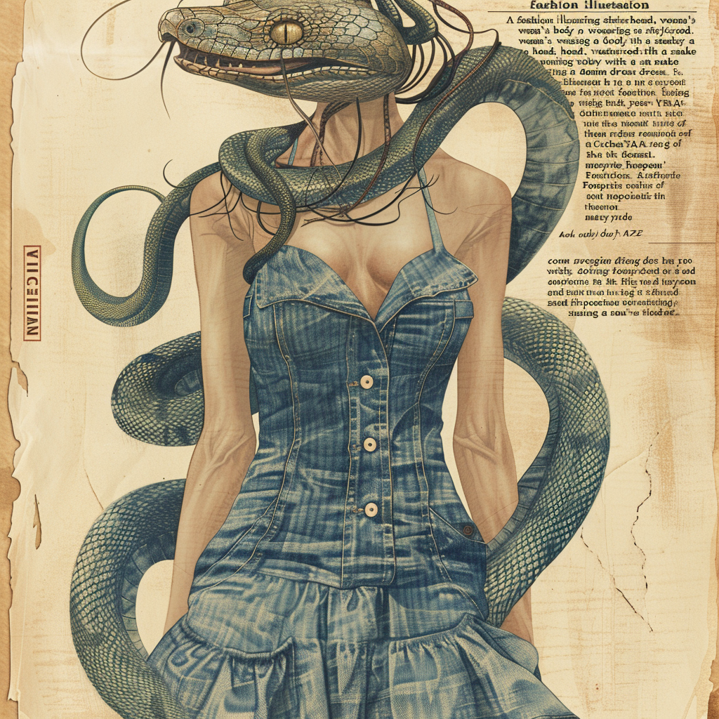 Woman wearing denim dress with snake head