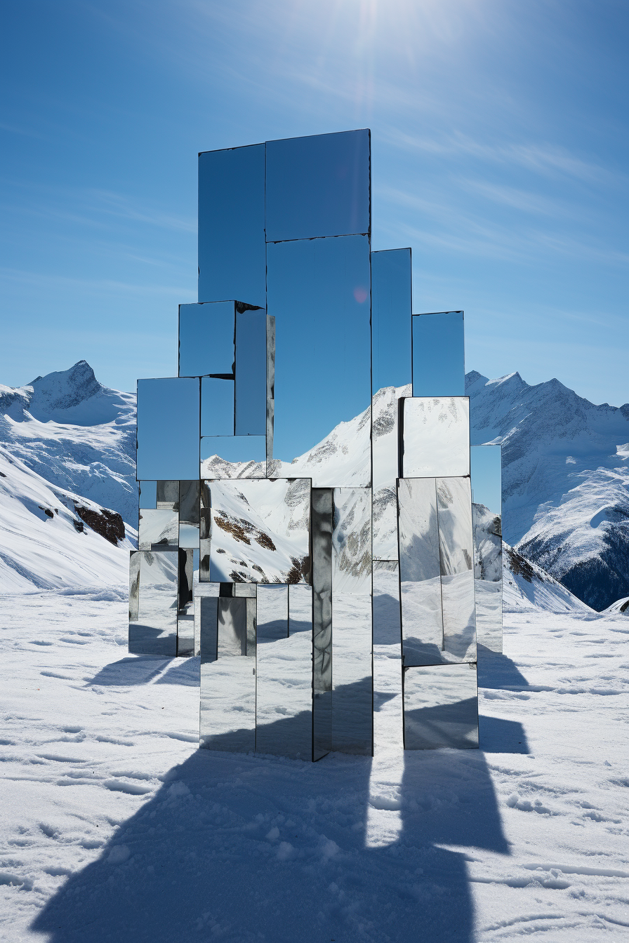 Mirror Art Installation in Snowy Mountain