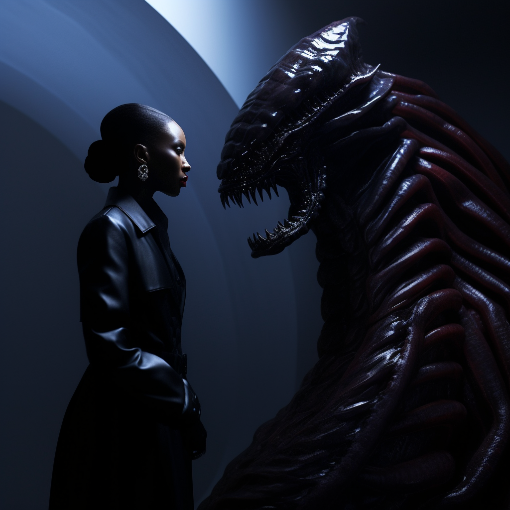 Fashion Model in Balenciaga Stares at Xenomorph