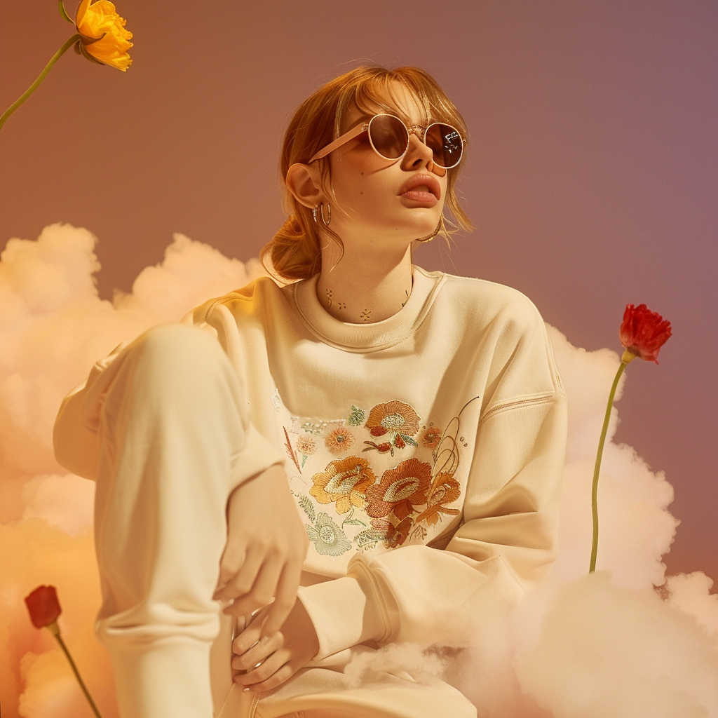 fashion model on clouds with sunglasses