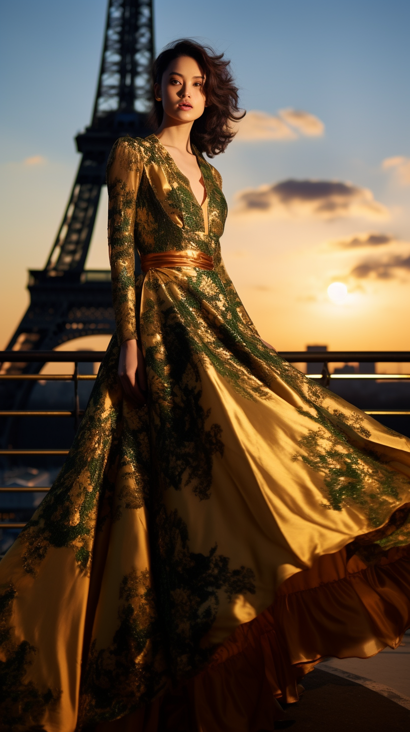 Fashion model in long dress on Eiffel Tower