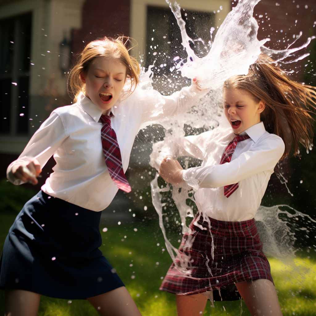 Two tween girls having a water fight