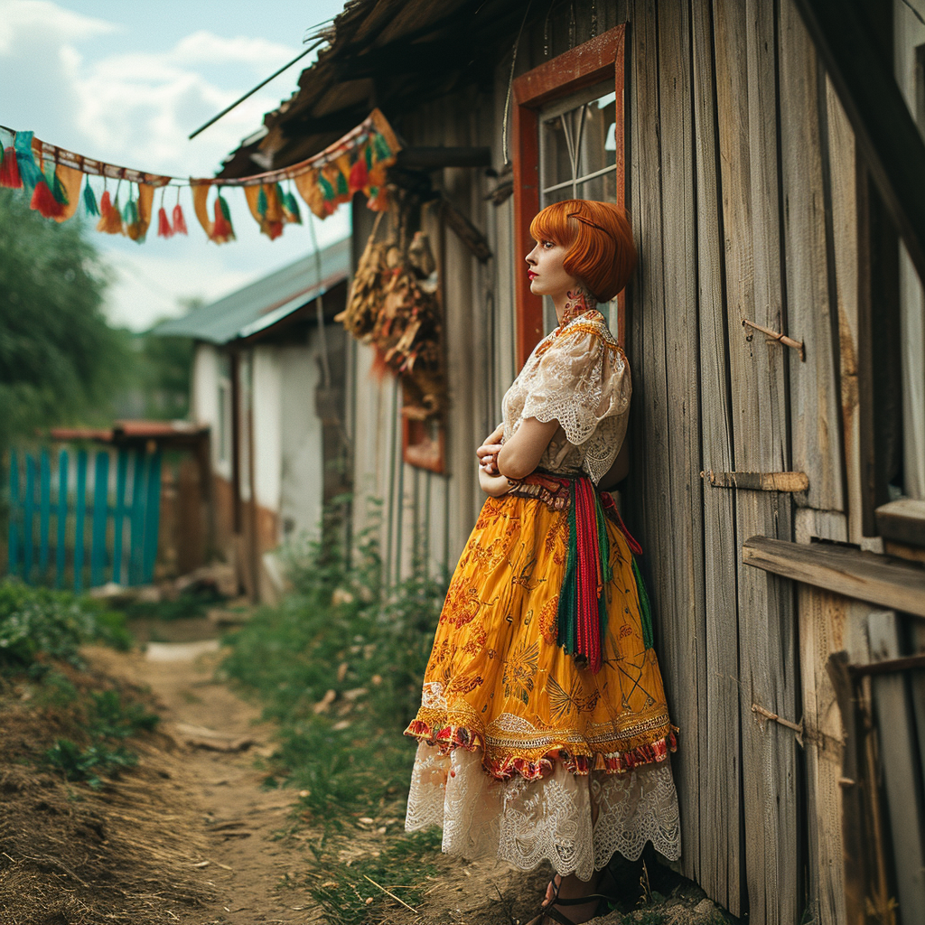 Woman with Short Strawberry Blonde Hair in Traditional Slavic Celebration