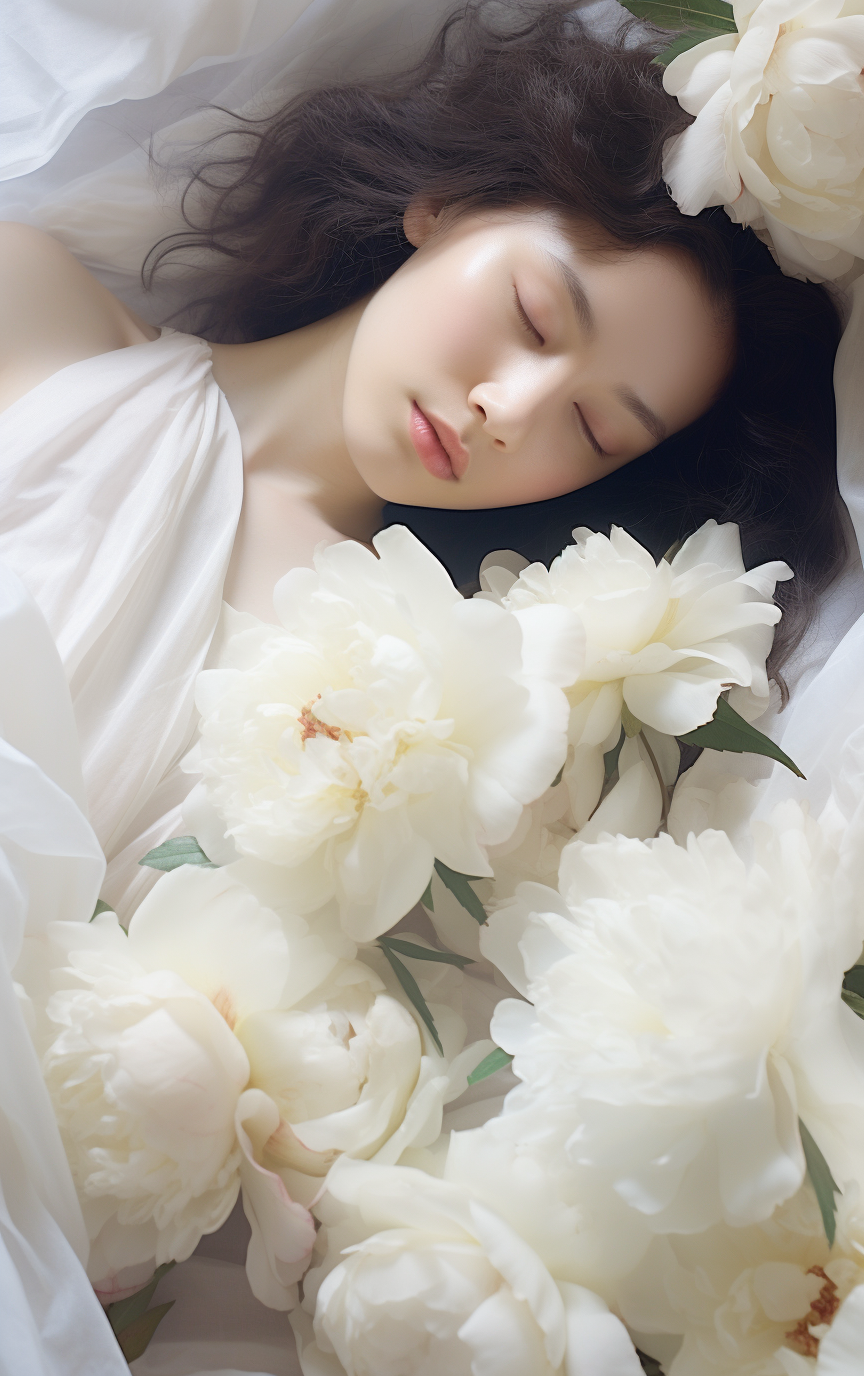 Fashion Portrait with Skin and Peonies Flowers