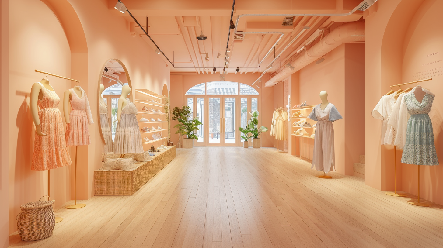 Fashion retail shop with trendy mannequins in soft peach-colored walls