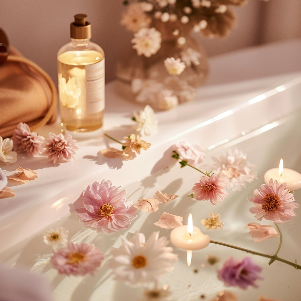 Fashion serum floating in bathtub with flowers