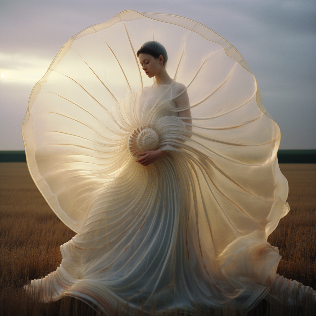 Woman in Haute Couture Dress Inspired by Snail Shell