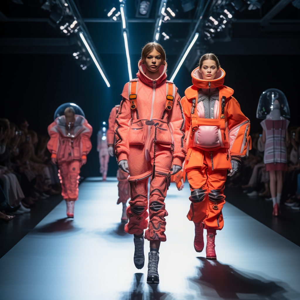 Models in space suits walking the runway