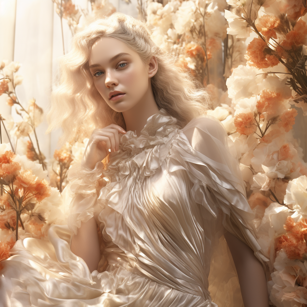 Fashion silk model surrounded by flowers