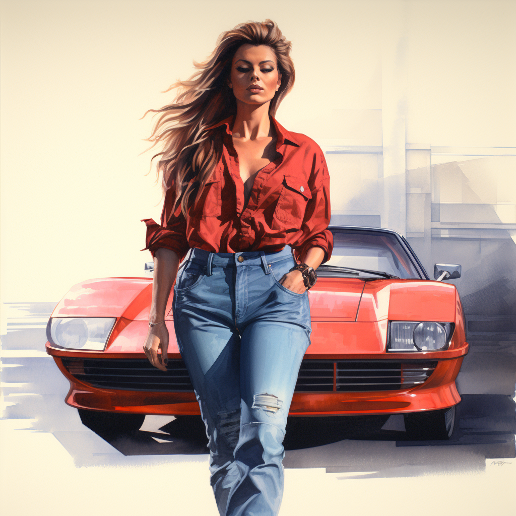 Enigmatic woman with red Ferrari Testarossa at sunset