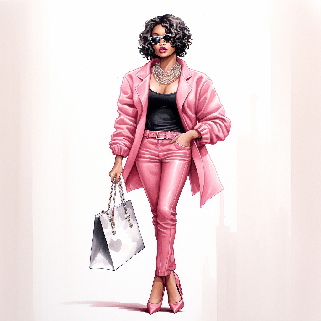 Beautiful Black Woman in Pink Jean Suit with Chanel Bag