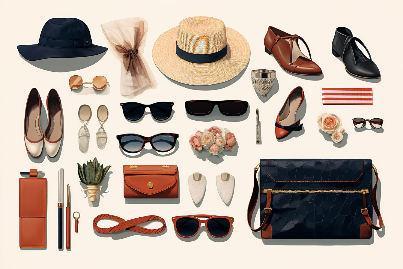 Fashion accessories illustration with hats, sunglasses, handbags, and shoes