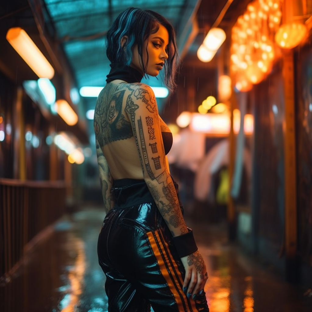 Stylish fashion with tattoos in cyberpunk aesthetic